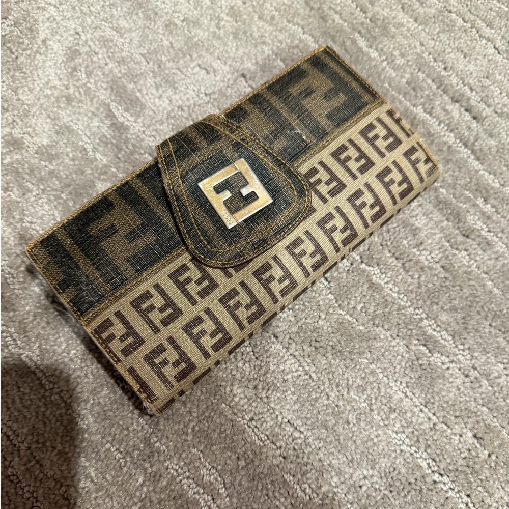 Fendi Brown Monogram FF Fabric Wallet Clutch with Metal Logo
